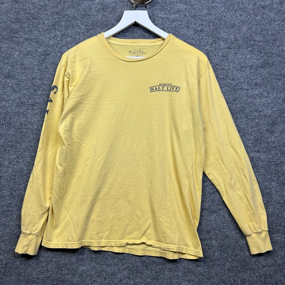 Salt Life Live Salty Crewneck T-Shirt Men's Yellow Long Sleeve Sailfish - Medium